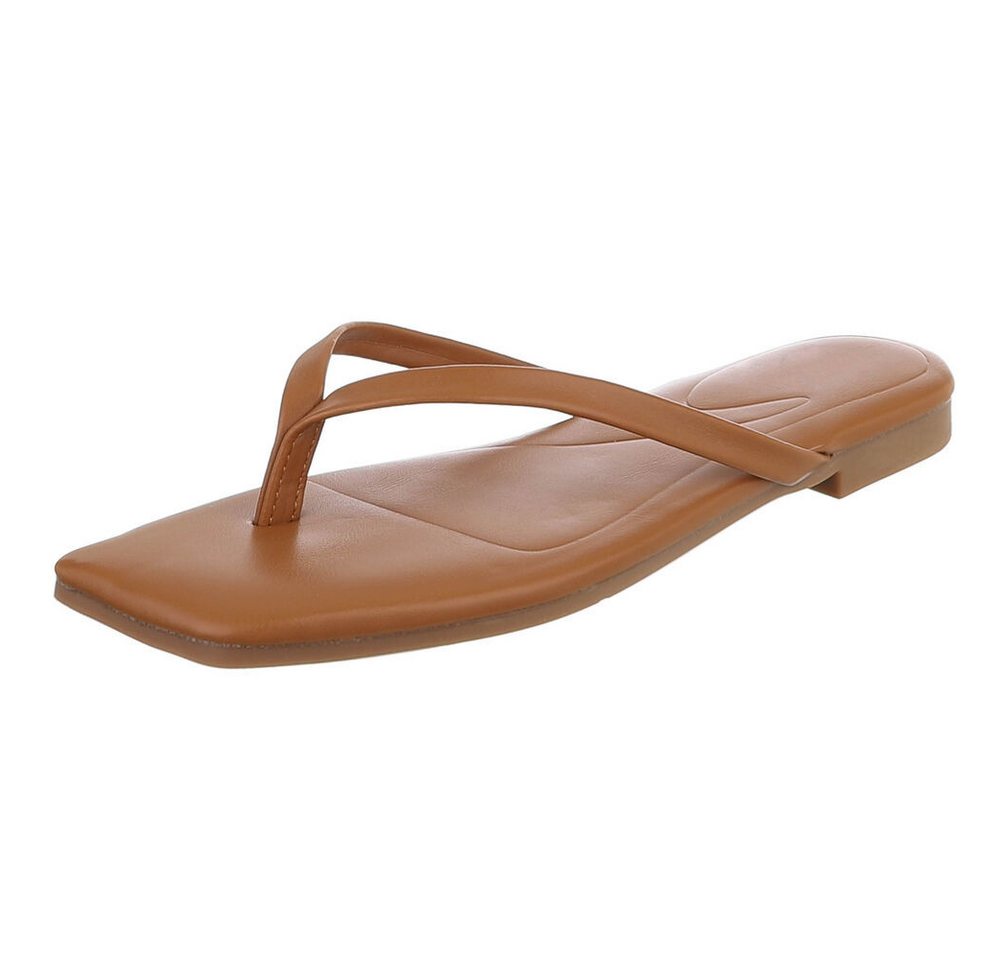Ital-Design Minimalistische Damen Flip-Flops mit flacher Sohle Zehentrenner (91512436) Blockabsatz Zehentrenner in Camel