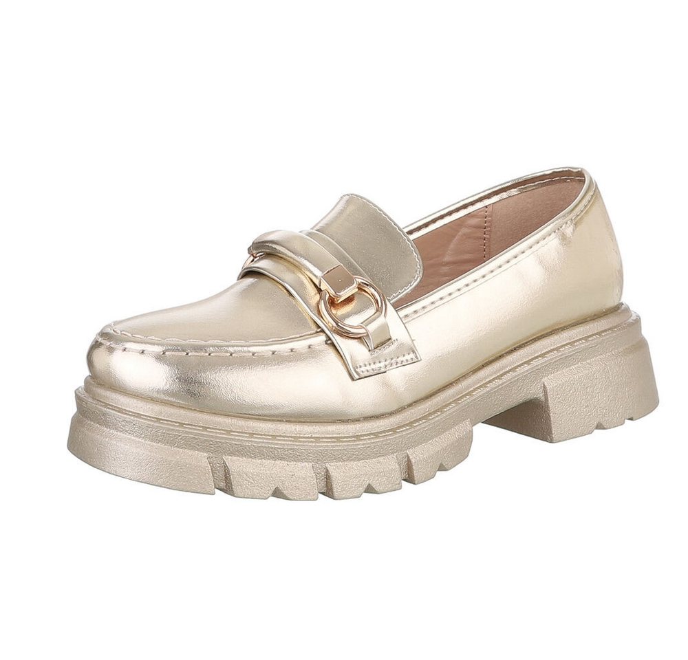 Ital-Design Moderne Damen Loafer mit Schnalle und robuster Sohle Slipper (89542411) Blockabsatz Mokassins in Gold