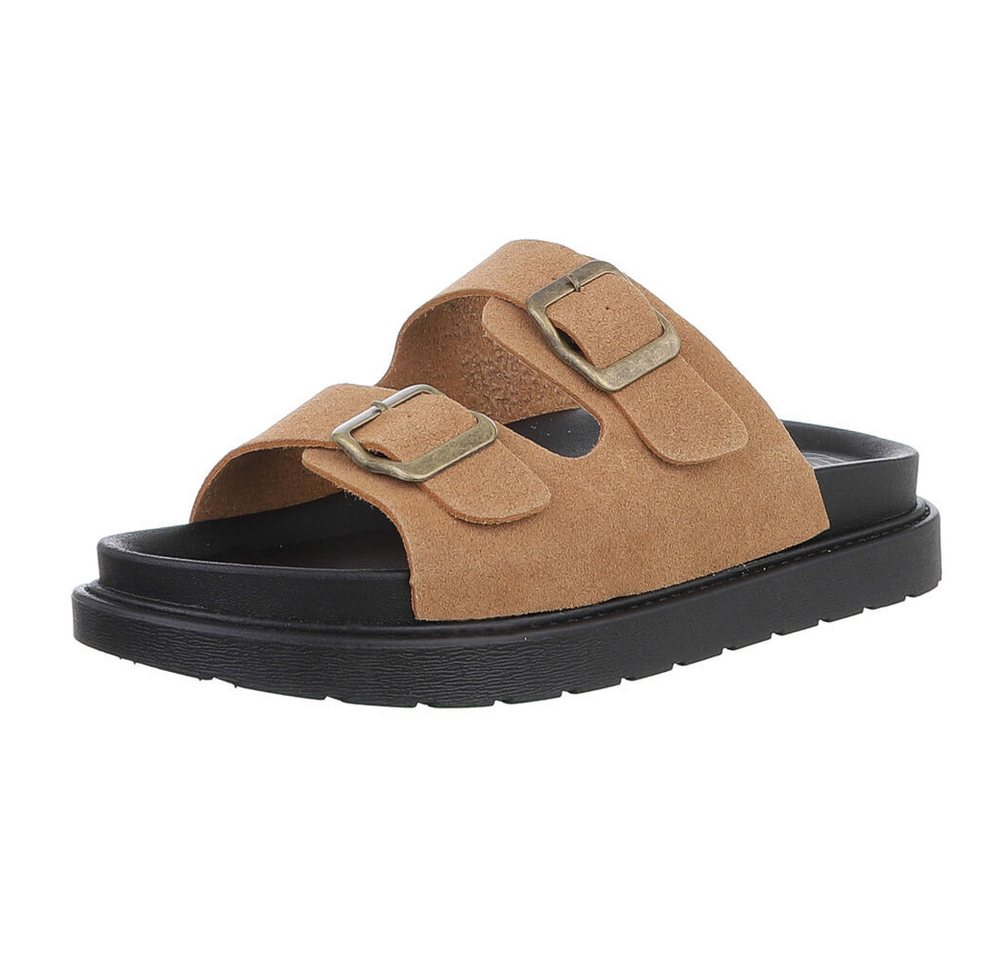 Ital-Design Moderne Damen-Sandalen mit Schnallen für Freizeit Plateausandaletten (88828328) Flach Pantoletten in Camel