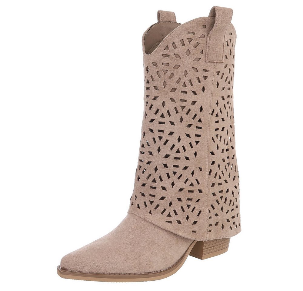 Ital-Design Moderne Damen-Stiefel mit Ausstanzungen für Alltag und Freizeit Westernstiefel (91117019) Blockabsatz Stiefel in Hellbraun