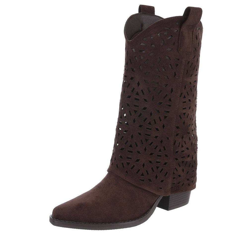 Ital-Design Moderne Damen-Stiefel mit Ausstanzungen für Alltag und Freizeit Westernstiefel (91117026) Blockabsatz Stiefel in Dunkelbraun