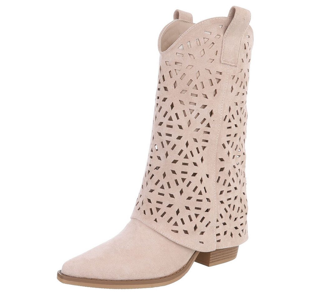 Ital-Design Moderne Damen-Stiefel mit Ausstanzungen für Alltag und Freizeit Westernstiefel (91117039) Blockabsatz Stiefel in Beige