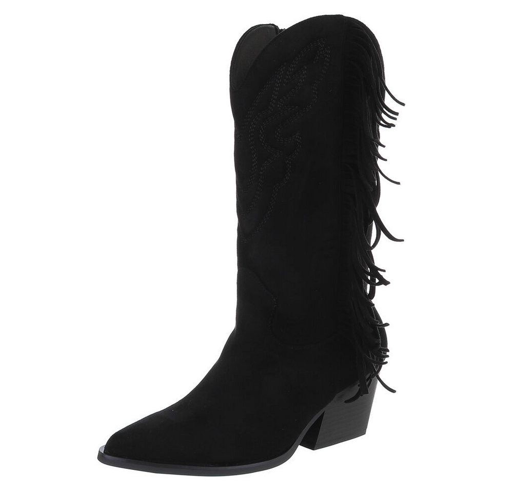 Ital-Design Moderne Damen-Stiefel mit Fransen für Freizeit und Events Westernstiefel (90458161) Blockabsatz Stiefel in Schwarz
