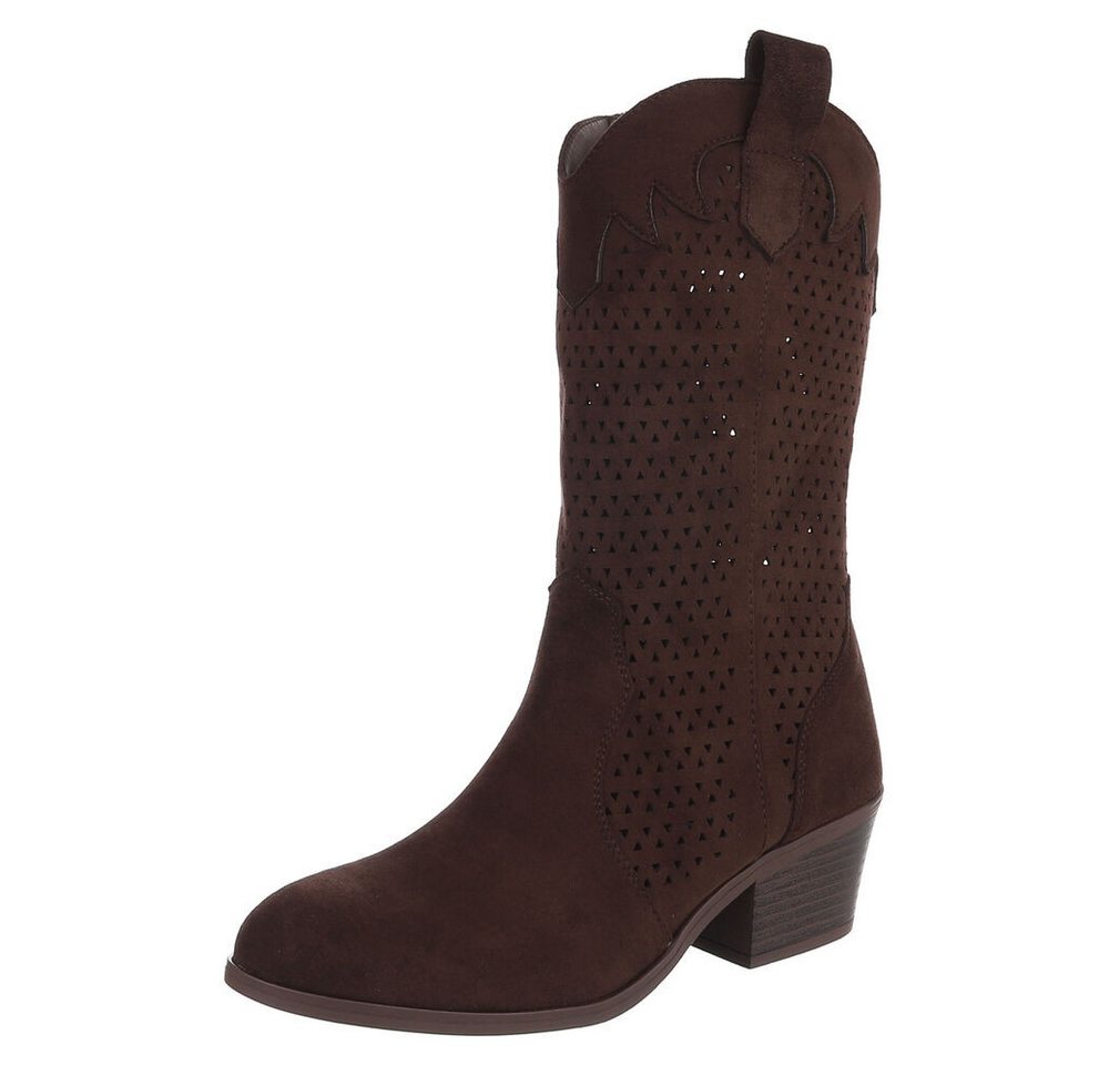 Ital-Design Moderne Damen-Stiefel mit Lochmuster und Blockabsatz Sommerboots (91154442) Blockabsatz Stiefel in Braun