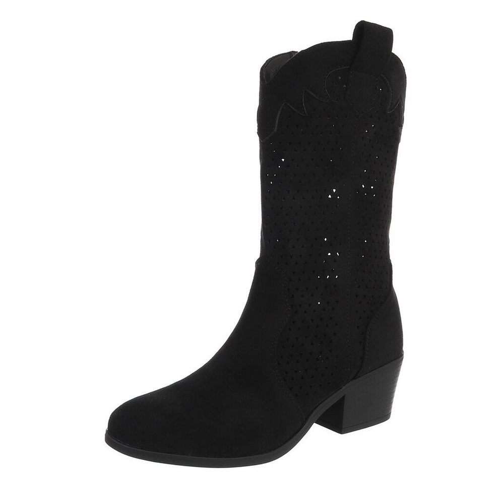 Ital-Design Moderne Damen-Stiefel mit Lochmuster und Blockabsatz Sommerboots (91154449) Blockabsatz Stiefel in Schwarz