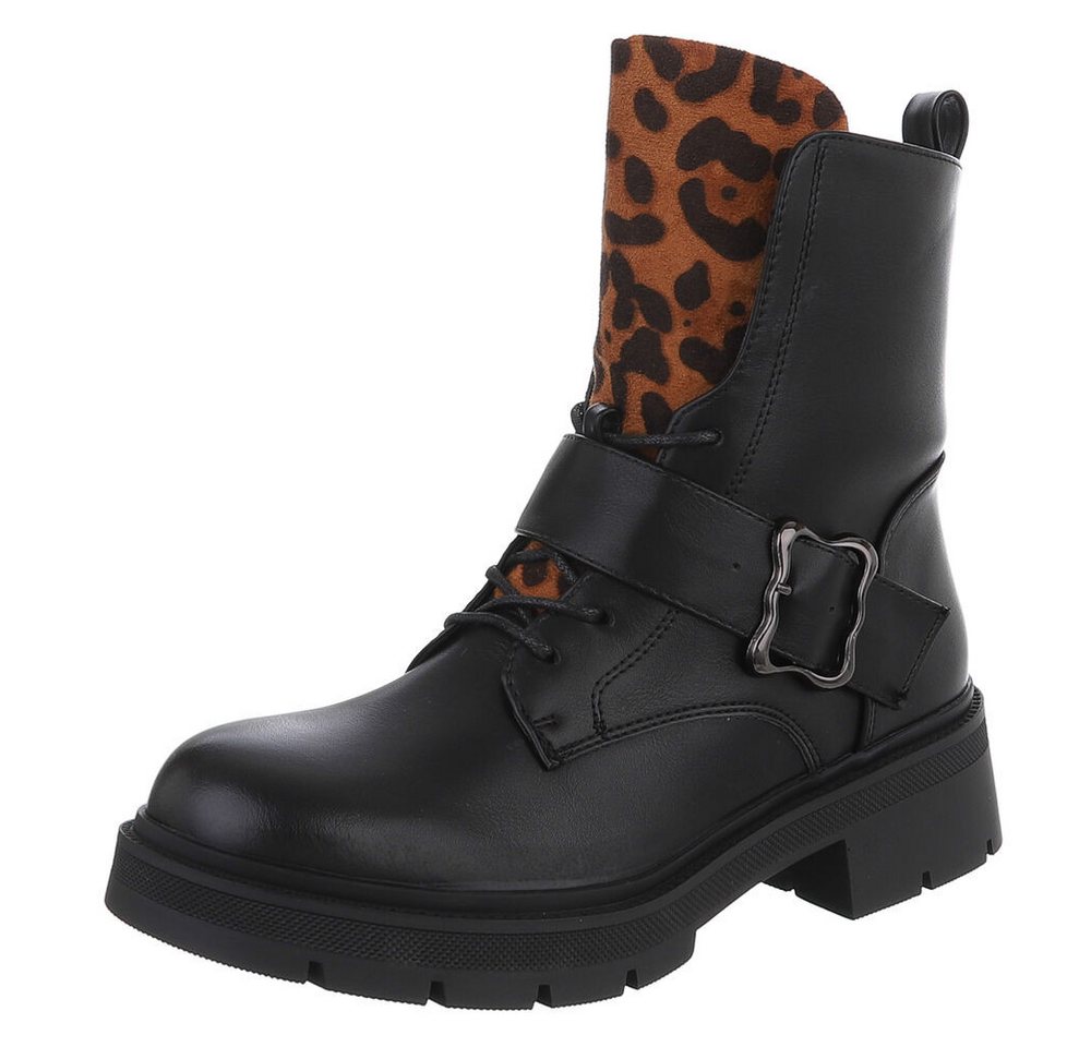 Ital-Design Moderne Damen Stiefel mit Riemen und Schnalle für Alltag Schnürstiefelette (90598583) Blockabsatz Stiefeletten in Schwarz