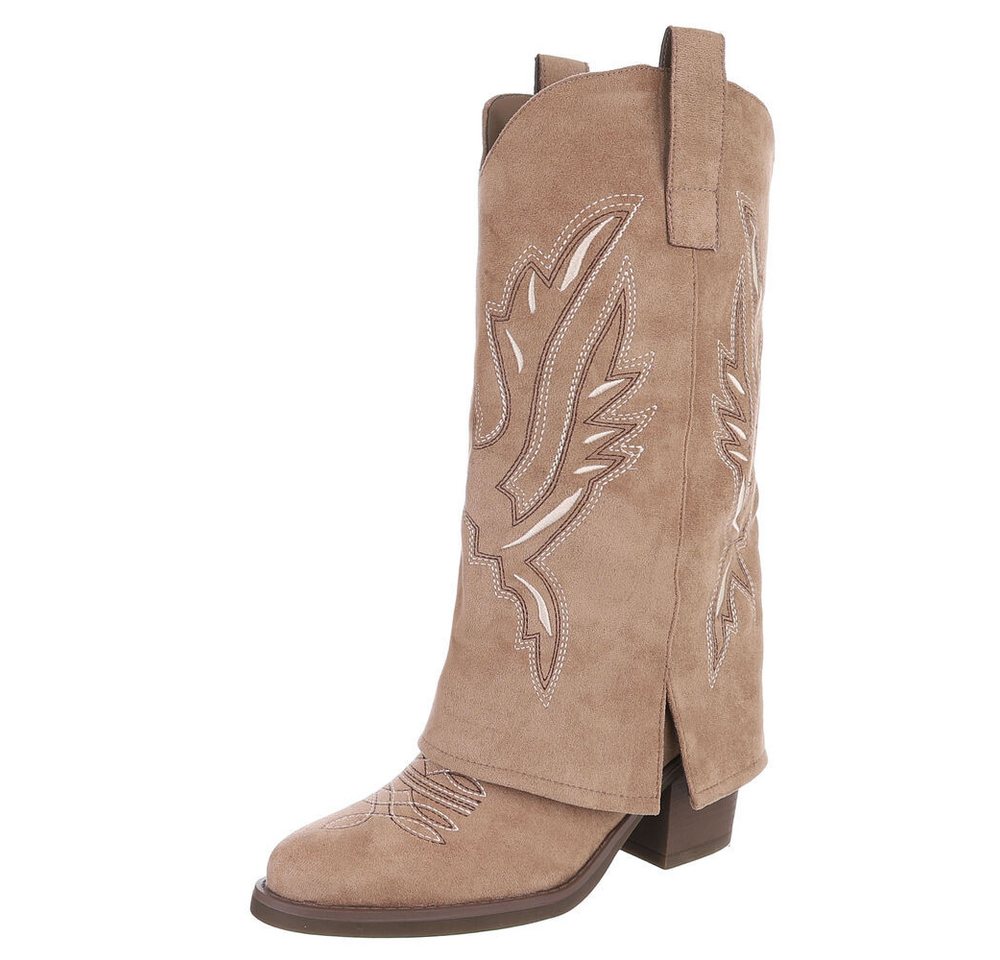 Ital-Design Moderne Damen-Stiefel mit Wellenstickerei und Absatz Westernstiefel (90726905) Blockabsatz Stiefel in Hellbraun
