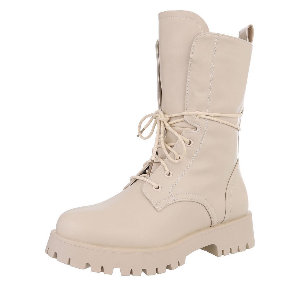 Ital-Design Moderne Damenstiefel mit Schnürung für Alltag und Freizeit Stiefelette Blockabsatz Plateaustiefeletten in Weiß