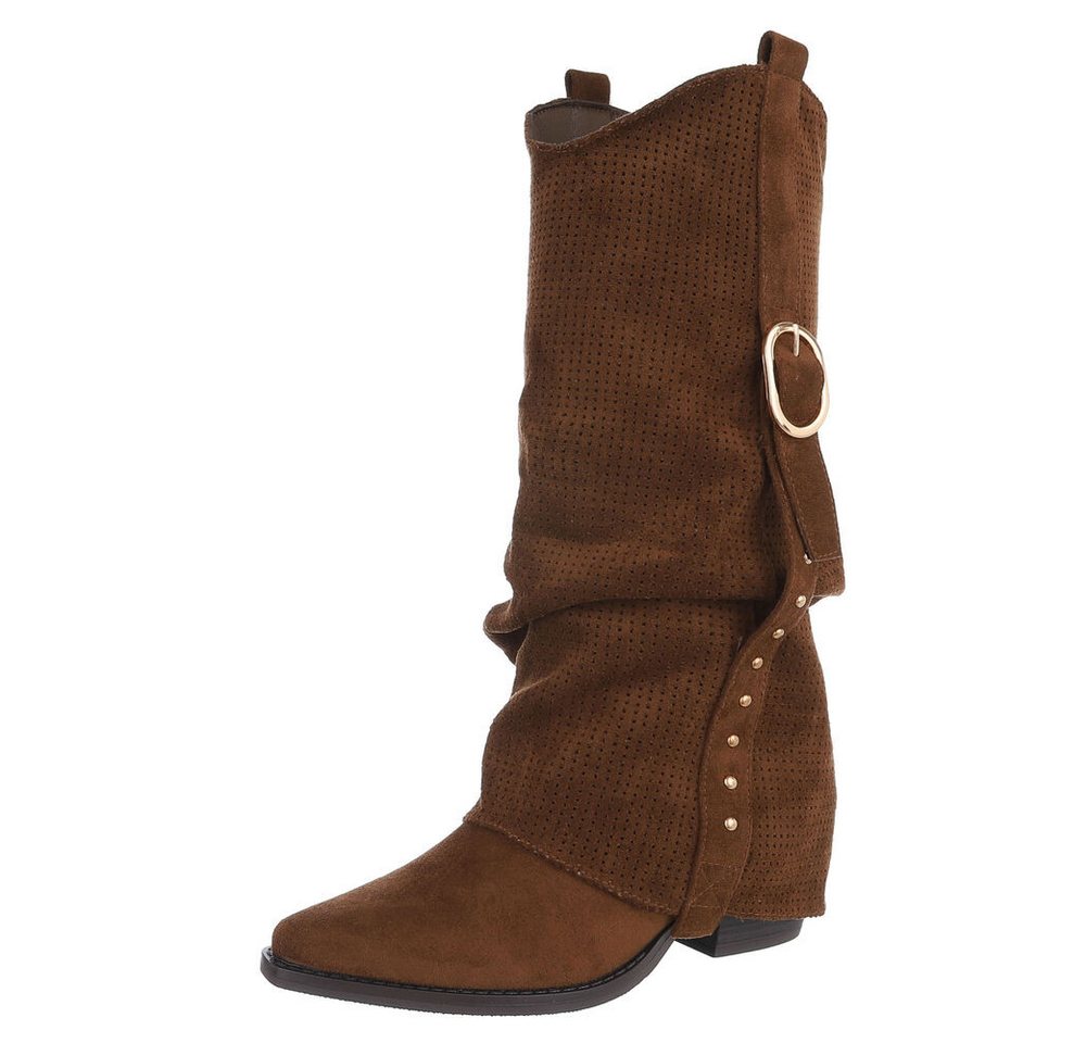 Ital-Design Moderne Stiefel mit perforiertem Design und goldenen Details Westernstiefel (91154643) Blockabsatz Stiefel in Braun