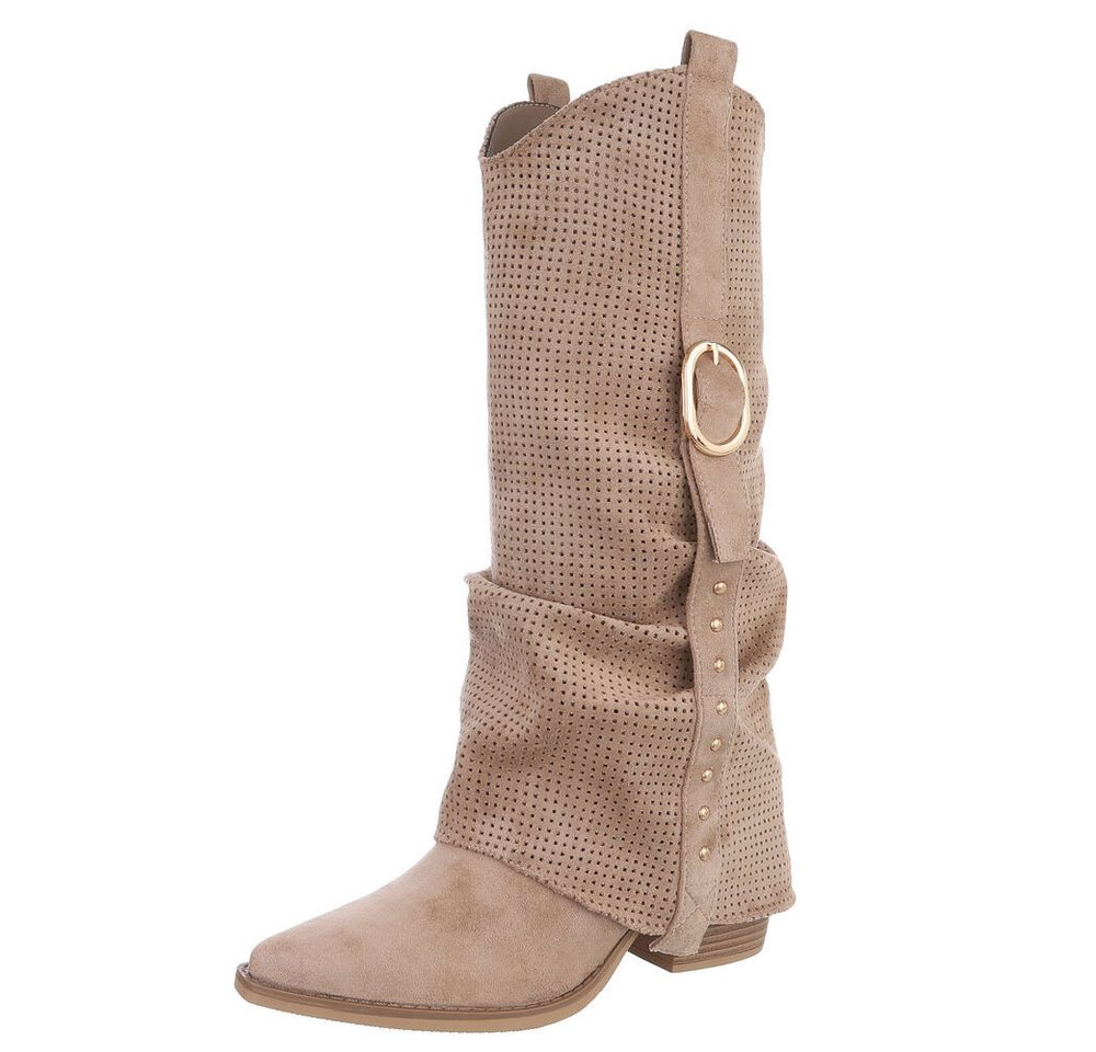 Ital-Design Moderne Stiefel mit perforiertem Design und goldenen Details Westernstiefel (91154645) Blockabsatz Stiefel in Hellbraun
