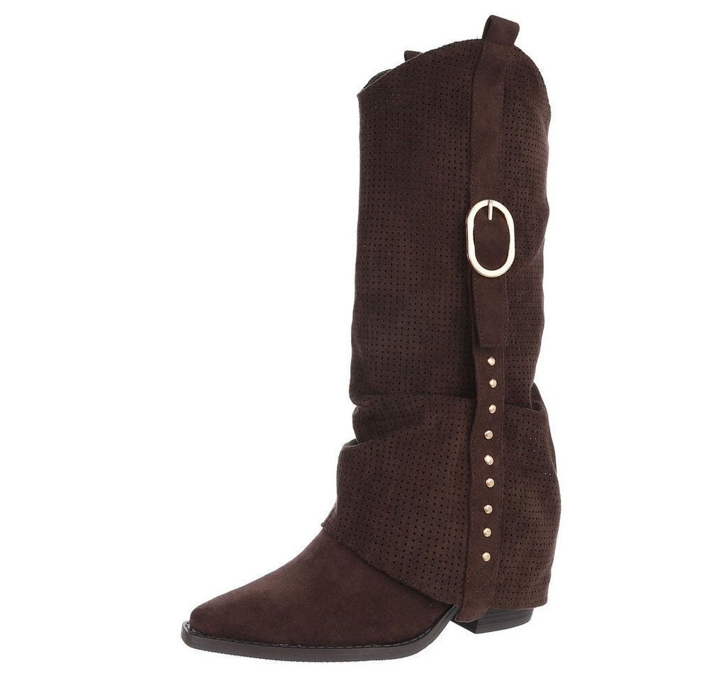 Ital-Design Moderne Stiefel mit perforiertem Design und goldenen Details Westernstiefel (91154652) Blockabsatz Stiefel in Dunkelbraun