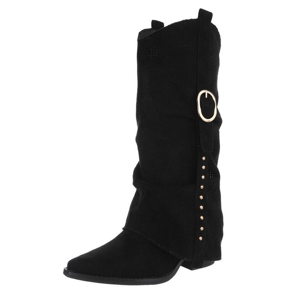 Ital-Design Moderne Stiefel mit perforiertem Design und goldenen Details Westernstiefel (91154661) Blockabsatz Stiefel in Schwarz