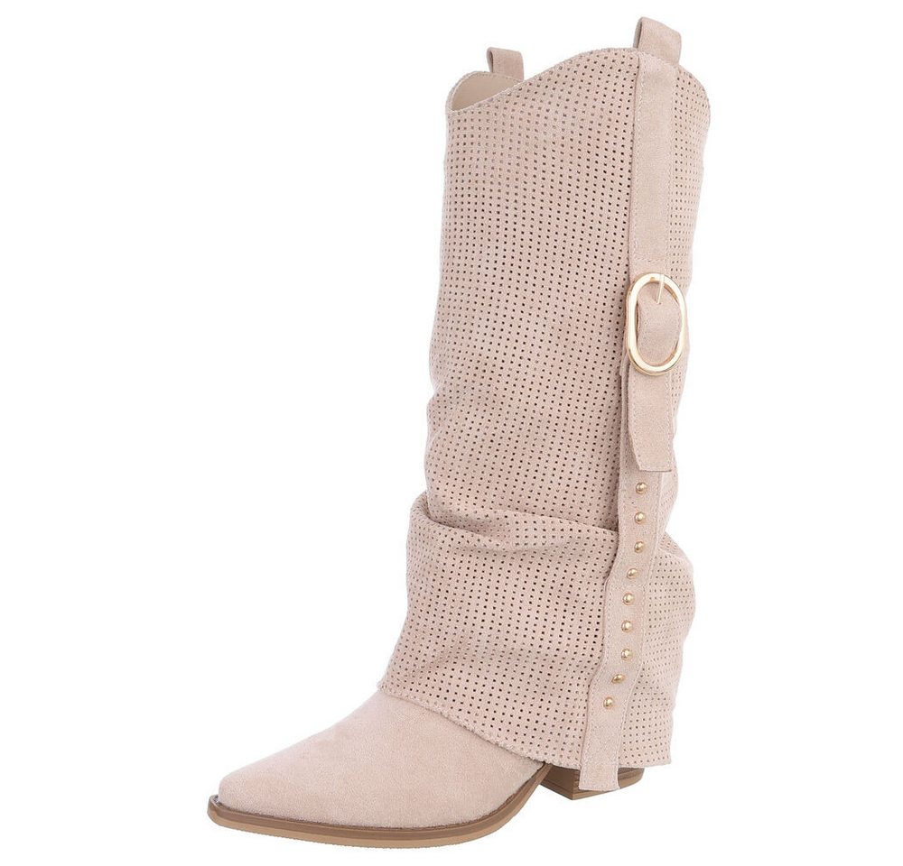 Ital-Design Moderne Stiefel mit perforiertem Design und goldenen Details Westernstiefel (91154668) Blockabsatz Stiefel in Beige