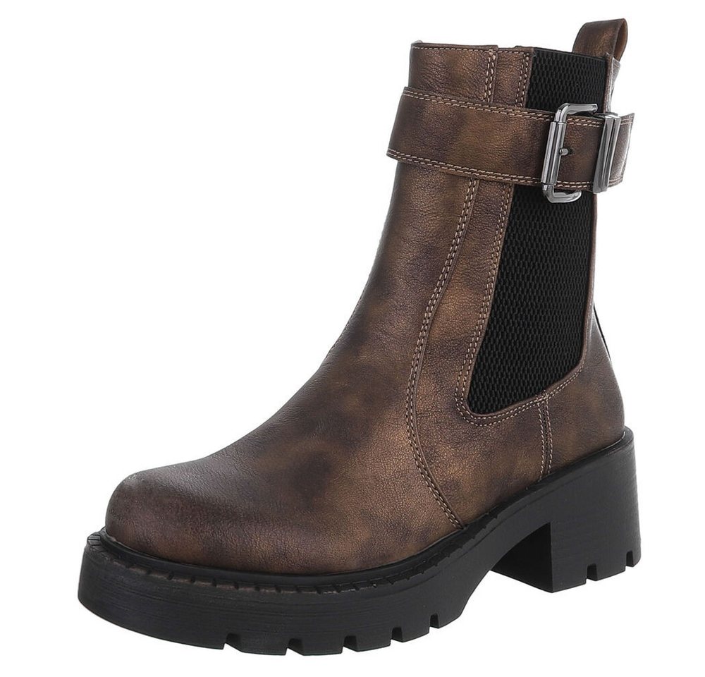 Ital-Design Moderne Stiefeletten mit Schnalle und elastischem Einsatz Plateaustiefelette (90726952) Blockabsatz Stiefeletten in Camel