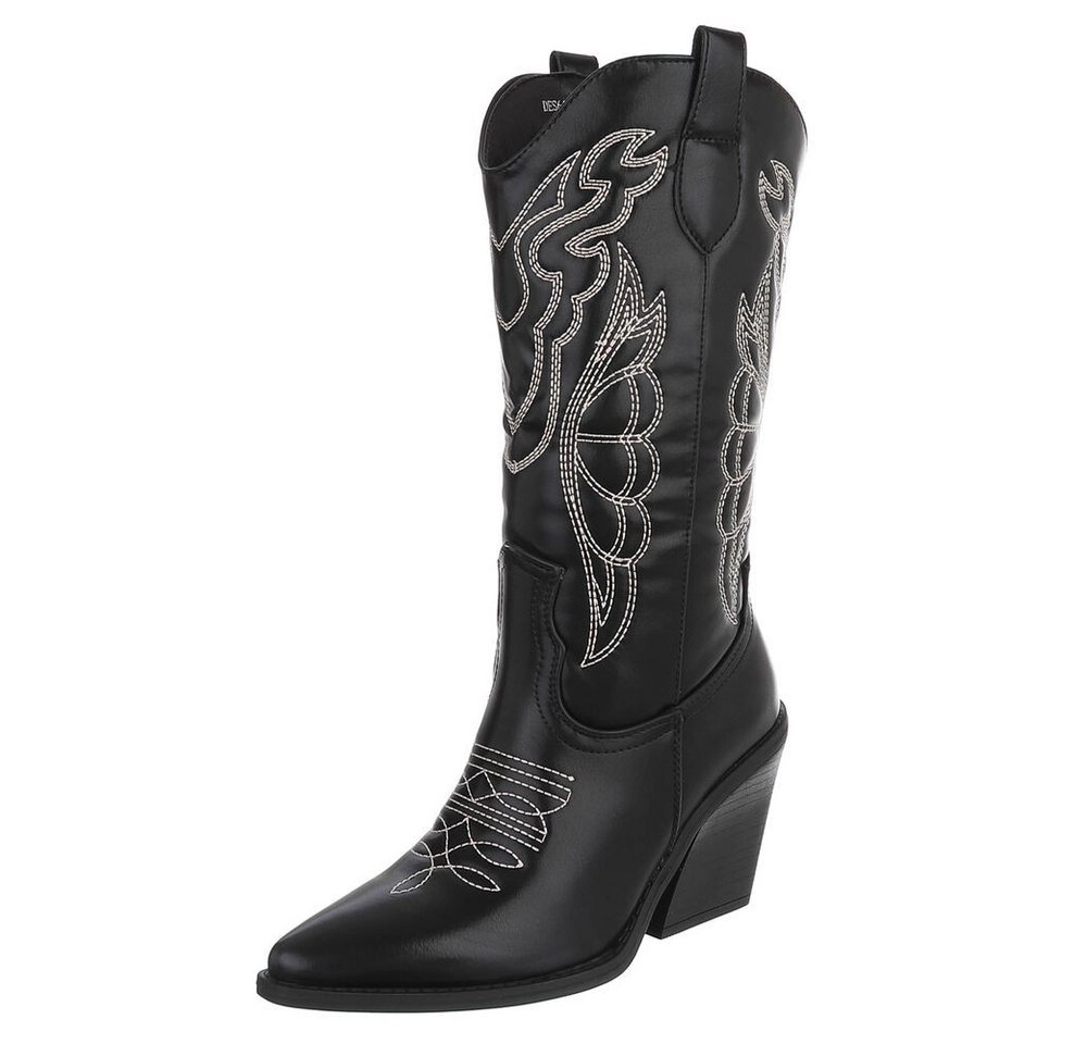 Ital-Design Stylische Damen-Stiefeletten mit Stickdetails für Alltag Westernstiefel (91409448) Blockabsatz Stiefel in Schwarz (schwarz)