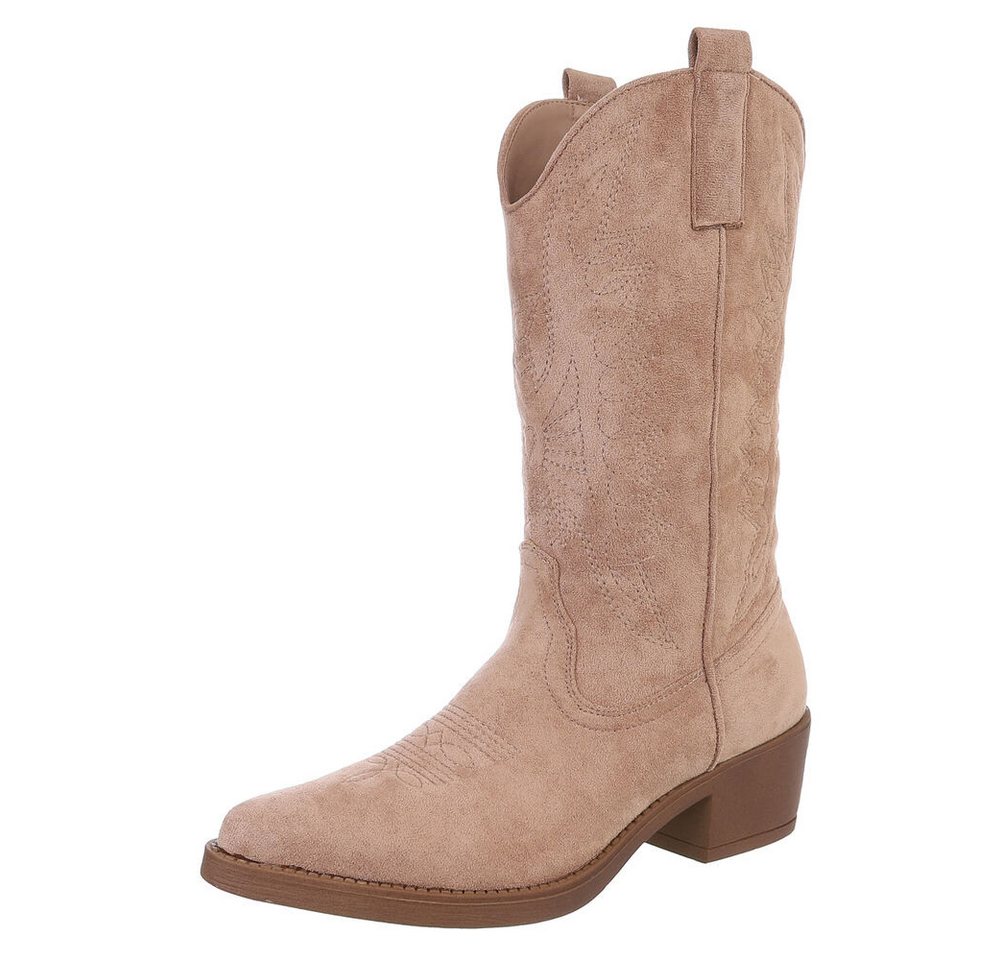 Ital-Design Moderner Western-Stiefel mit Stickerei für Damen Westernstiefel (89938026) Blockabsatz Stiefel in Beige