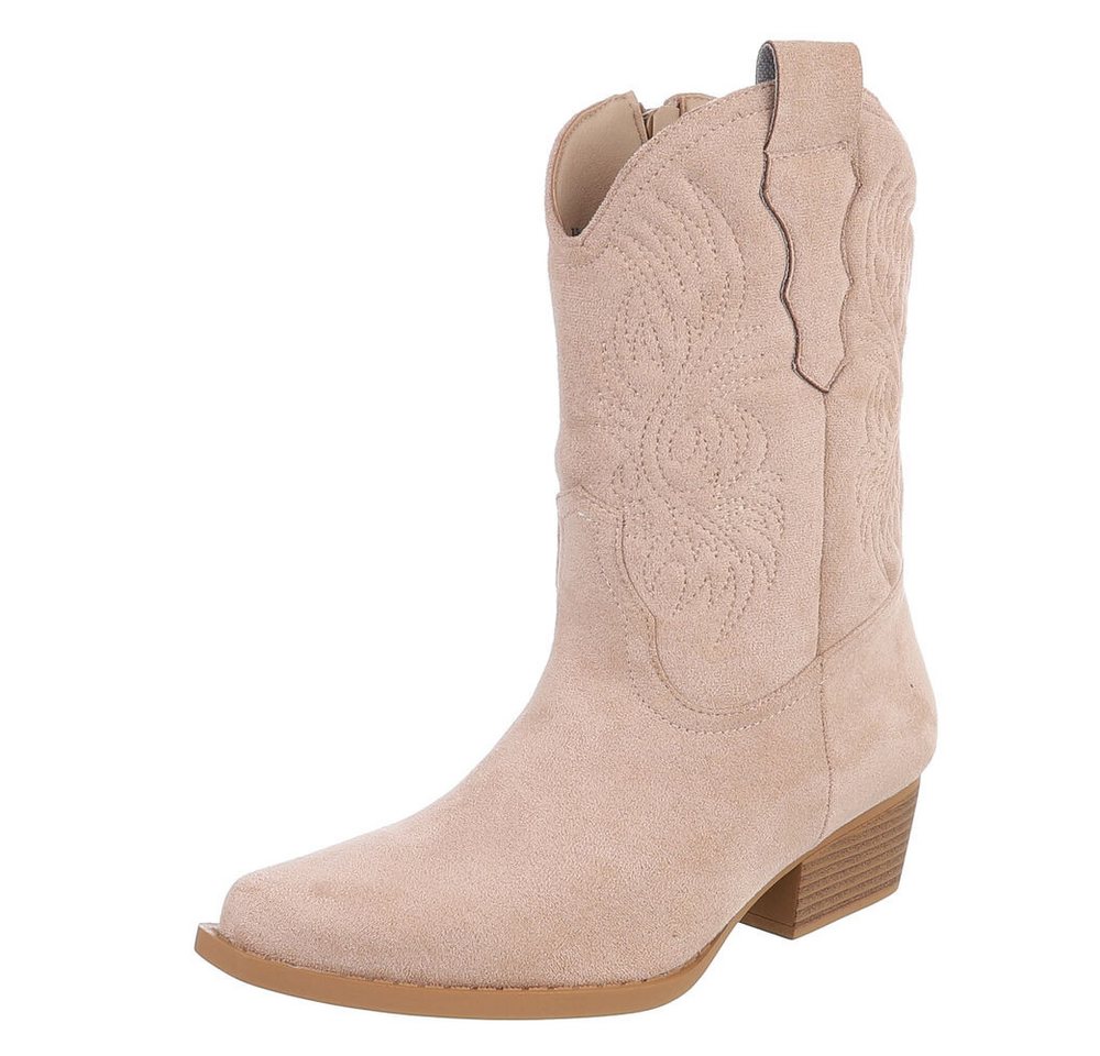 Ital-Design Modische Cowboy-Stiefel mit komfortablem Innenfutter Westernstiefelette (90482522) Blockabsatz Stiefeletten in Beige