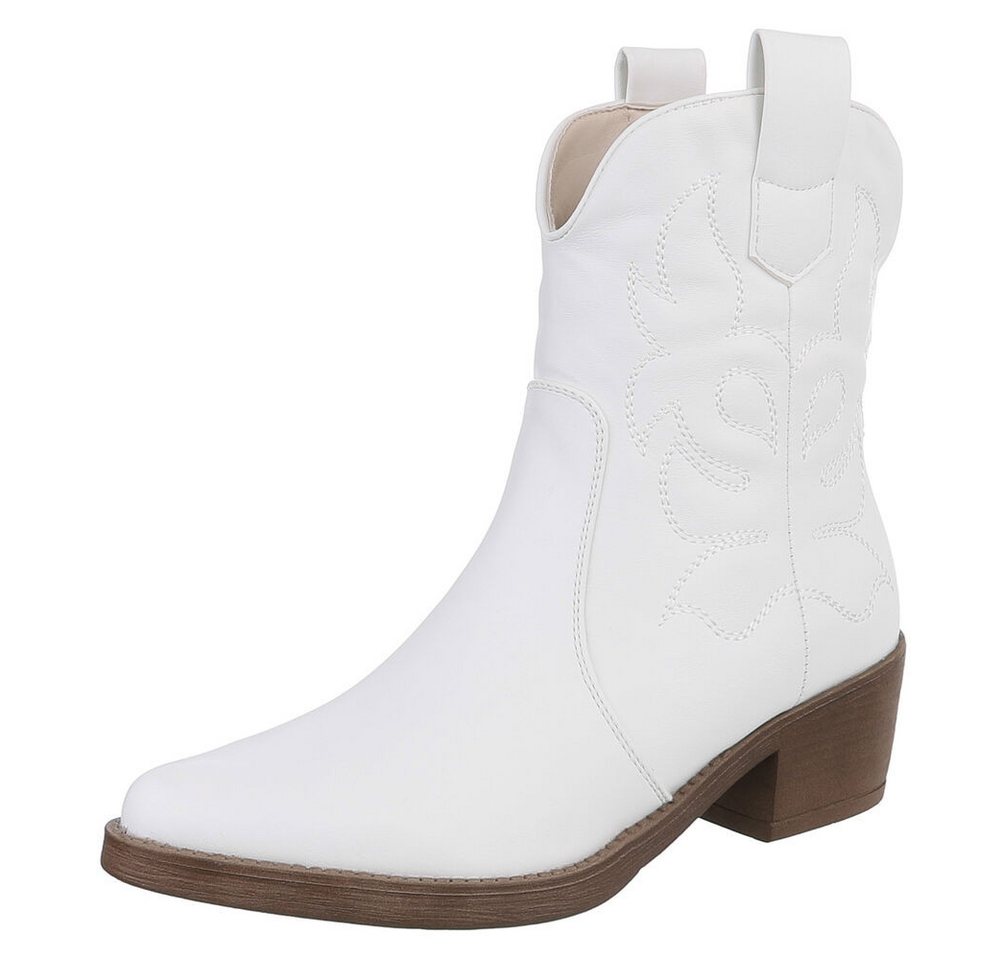 Ital-Design Modische Cowboy-Stiefel mit Verzierungen für Damen Westernstiefelette (89938120) Blockabsatz Stiefeletten in Weiß