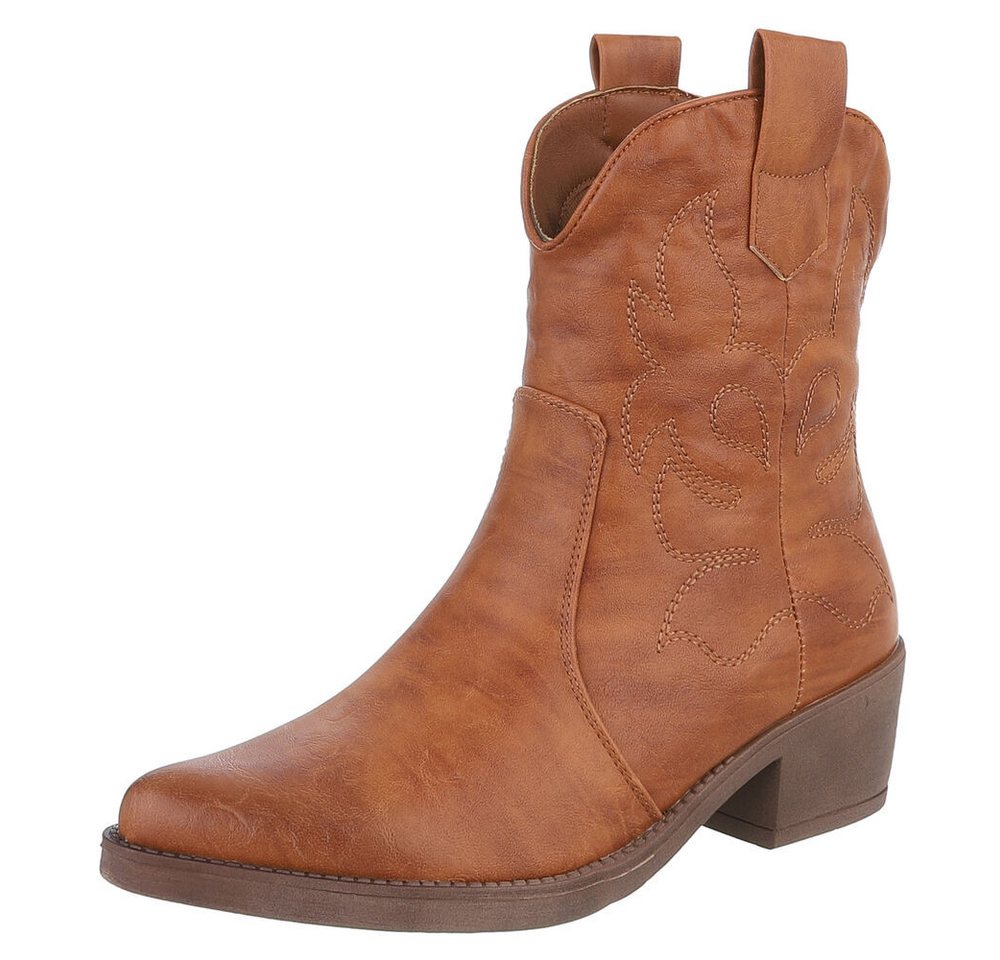 Ital-Design Modische Cowboy-Stiefel mit Verzierungen für Damen Westernstiefelette (89938136) Blockabsatz Stiefeletten in Camel
