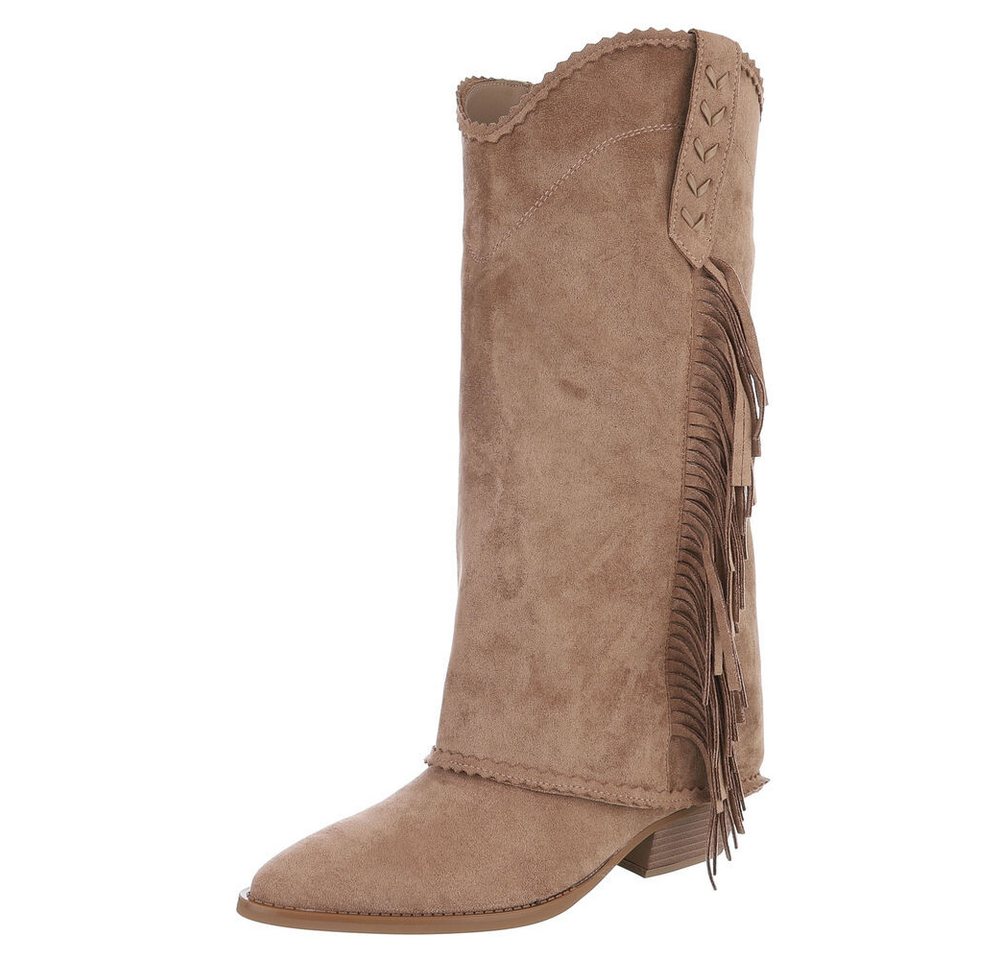 Ital-Design Modische Damen Cowboy-Stiefel mit Fransen und Komfort Westernstiefel (90793535) Blockabsatz Stiefel in Hellbraun