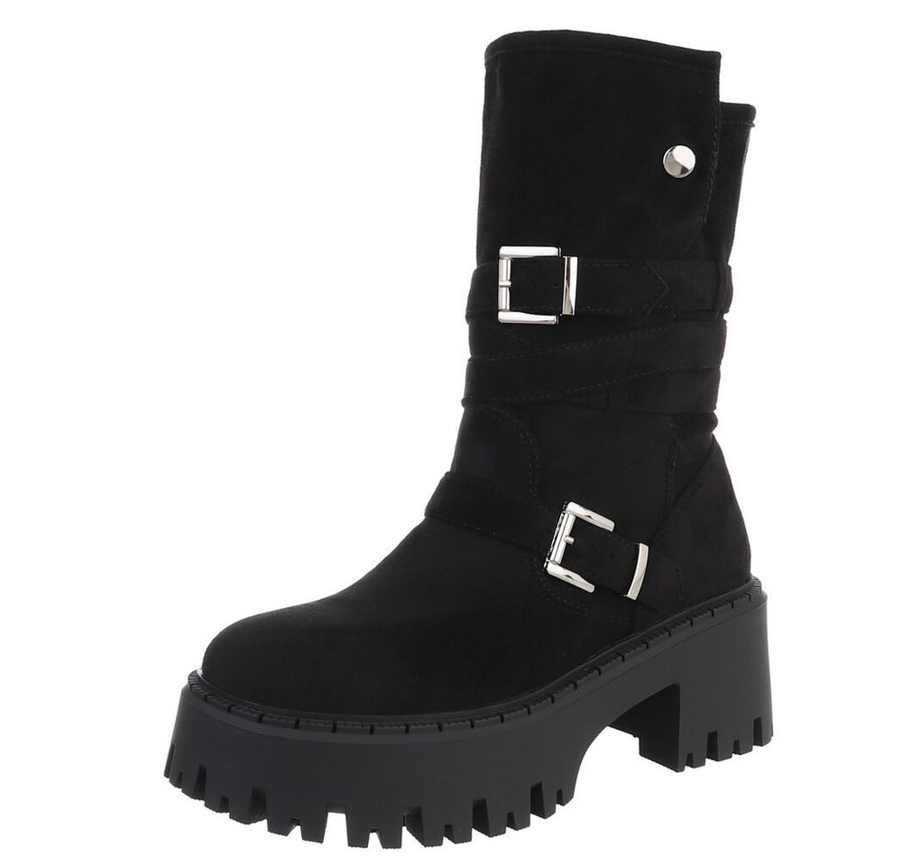 Ital-Design Modische Damen Stiefeletten mit Schnallen und Profilsohle Plateaustiefel (90169585) Blockabsatz Stiefel in Schwarz