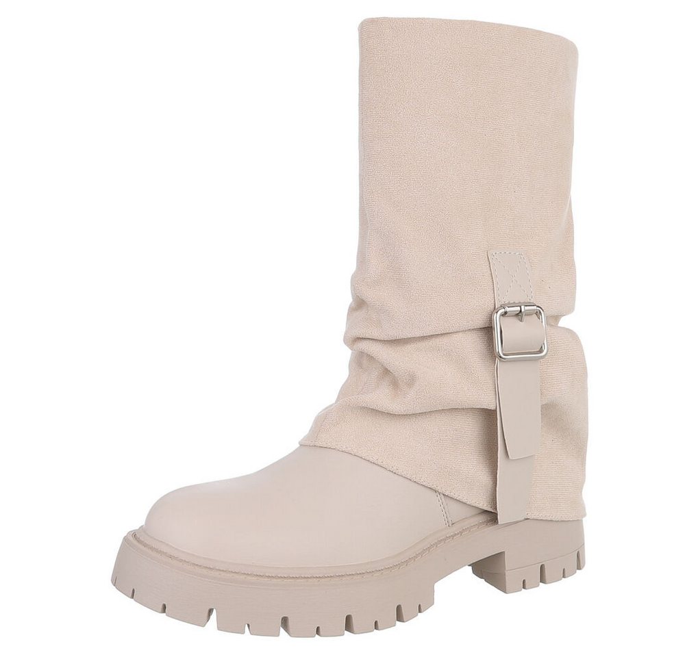 Ital-Design Modische Damenstiefel mit Gurt-Detail für Herbst/Winter Plateaustiefel (90153099) Blockabsatz Stiefel in Beige