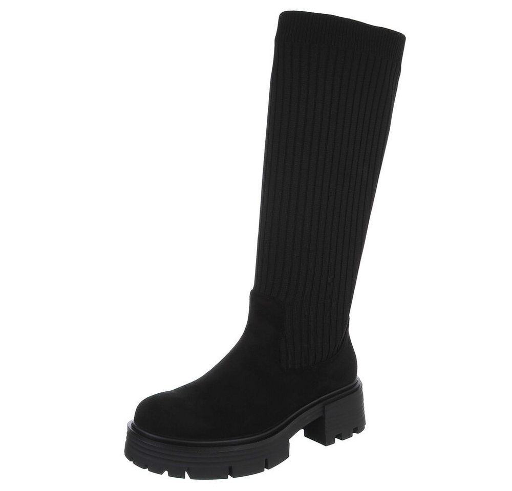 Ital-Design Modische Kniehohe Stiefel mit Rippen-Design für Damen Plateaustiefel (90727053) Blockabsatz Stiefel in Schwarz