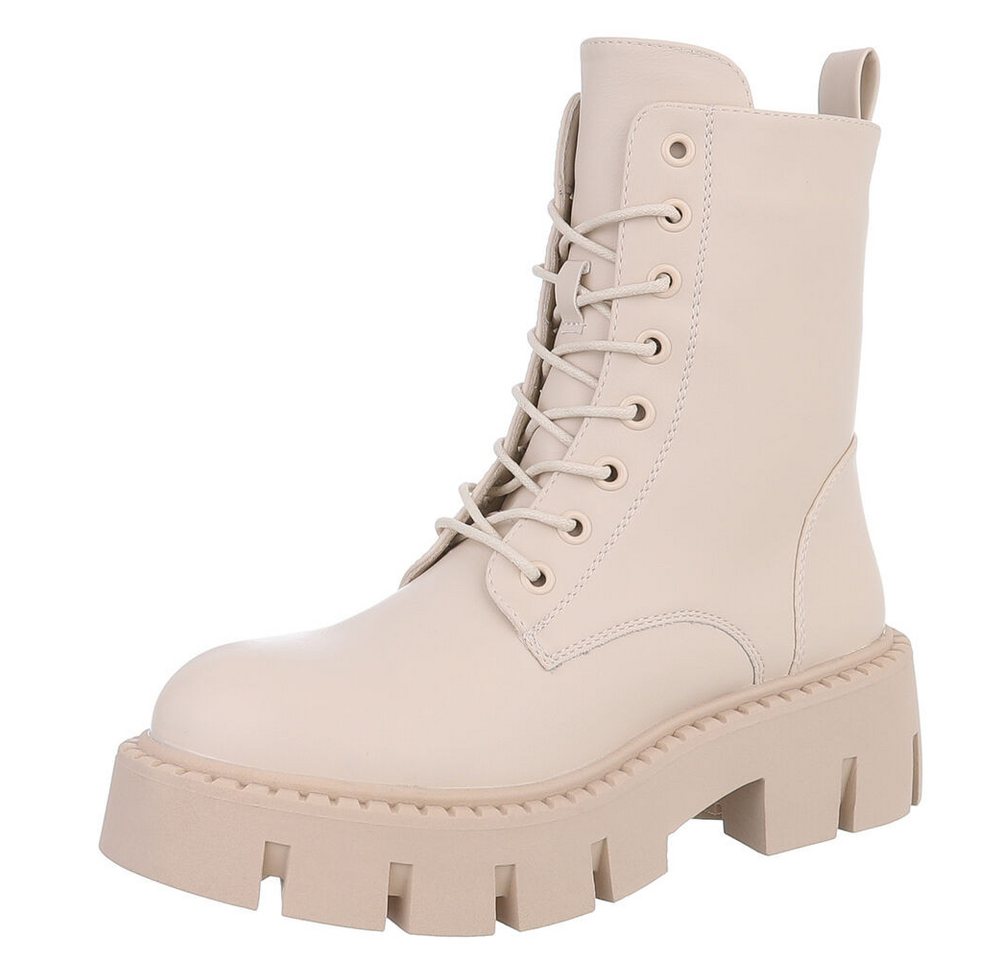 Ital-Design Modische Stiefel für Damen mit robuster Sohle und Details Schnürstiefelette (90109813) Blockabsatz Stiefeletten in Beige