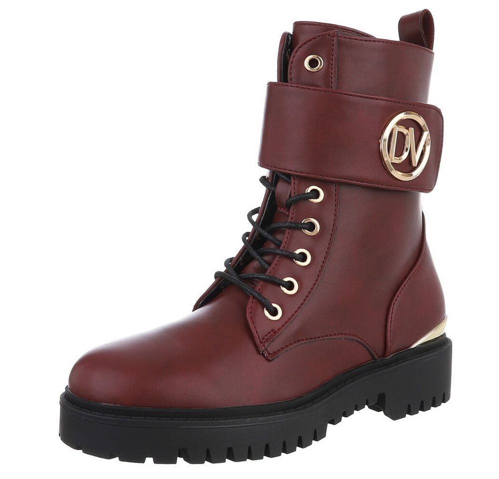 Ital-Design Modische Stiefel mit Komfort und Stil – Trendige Boots Schnürstiefelette (89323119) Blockabsatz Stiefeletten in Weinrot