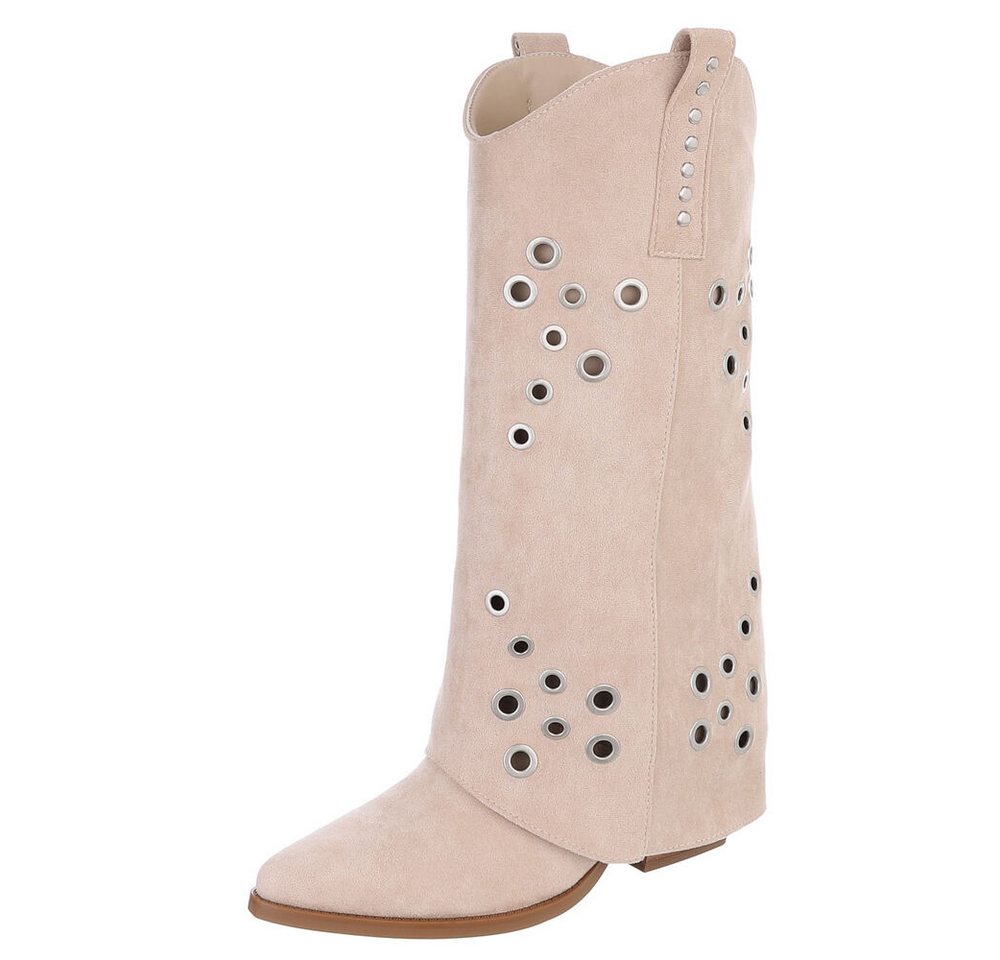 Ital-Design Modische Stiefel mit Metallösendetails für Damen Westernstiefel (91261278) Blockabsatz Stiefel in Beige