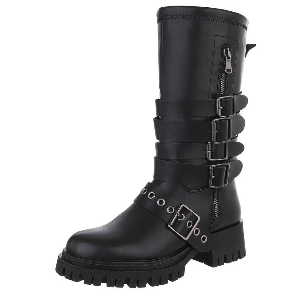 Ital-Design Modische Stiefel mit Schnallen und Reißverschluss für Damen Plateaustiefel (90482710) Blockabsatz Stiefel in Schwarz