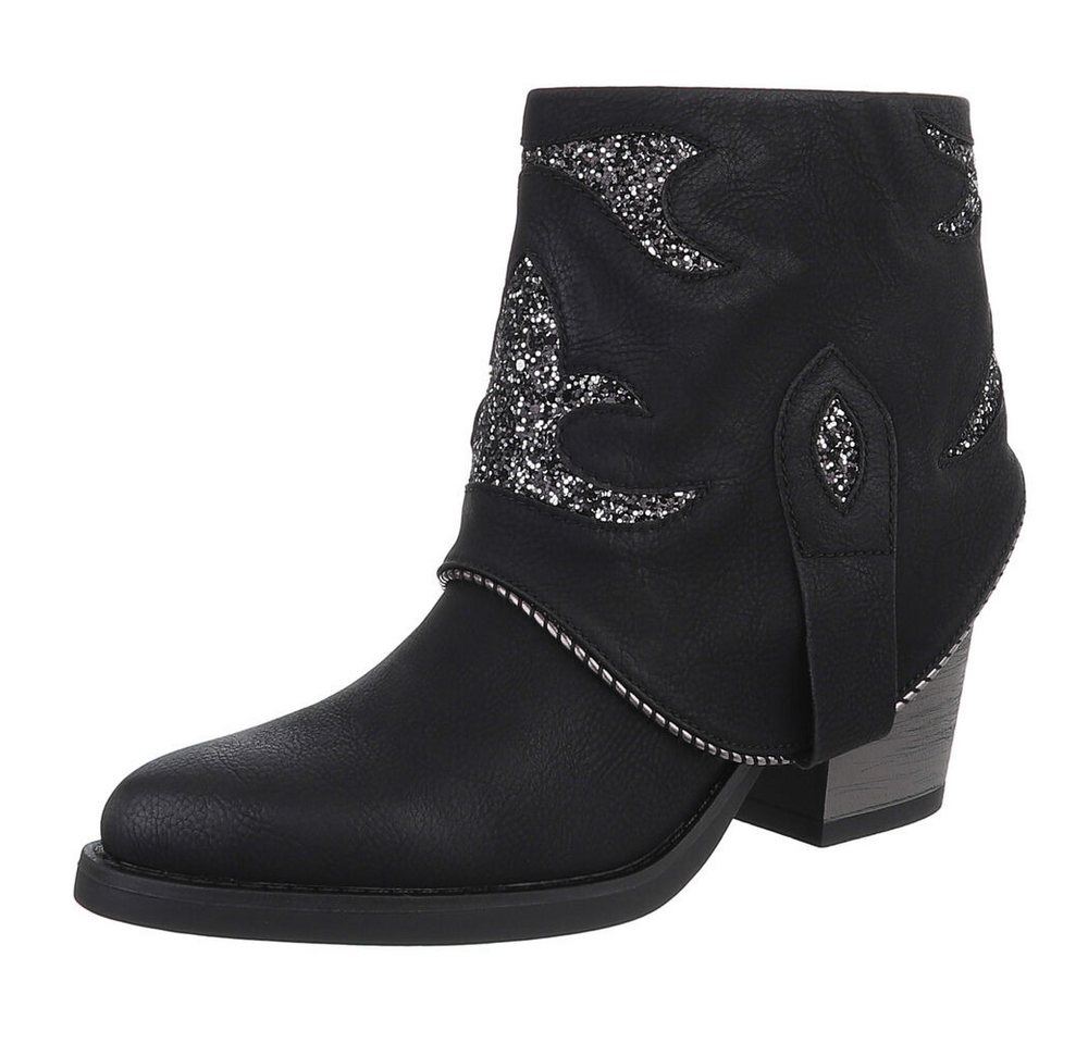 Ital-Design Modische Stiefelette mit Glitzer-Details für Damen Westernstiefelette (90482704) Blockabsatz Stiefeletten in Schwarz