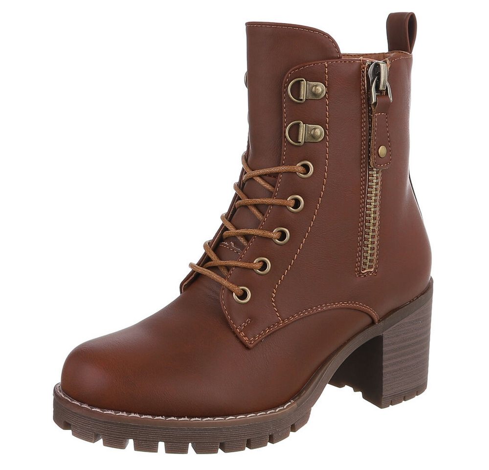 Ital-Design Modische Stiefeletten mit Absatz und Reißverschluss für Damen Schnürstiefelette (90542966) Blockabsatz Stiefeletten in Camel