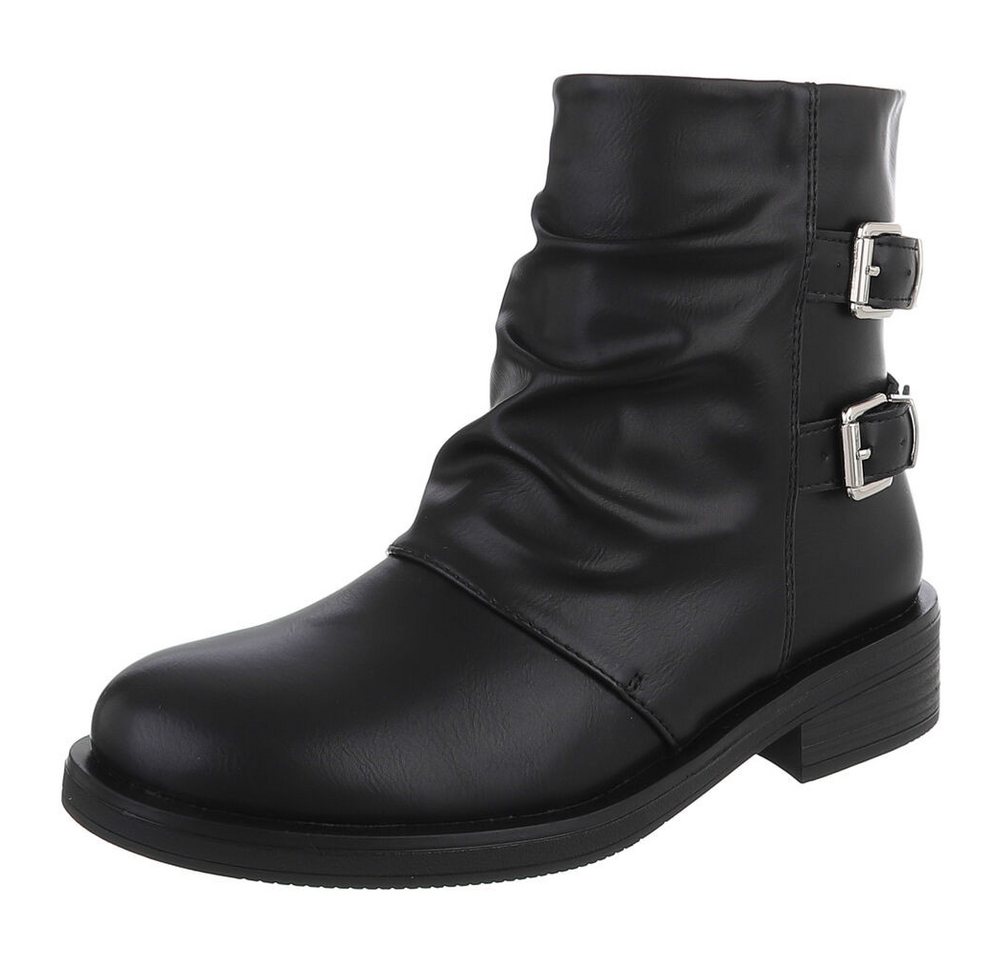 Ital-Design Modischer Damen-Boot mit Raffung und Schnallen Stiefelette (90542768) Blockabsatz Western- & Bikerboots in Schwarz
