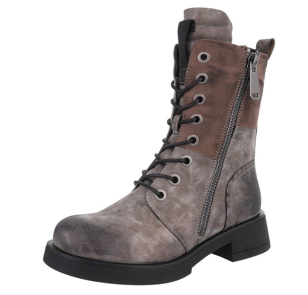 Ital-Design Modischer Damen-Boot mit Reißverschluss und Schnürung Schnürstiefelette (90515070) Blockabsatz Schnürstiefeletten in Grau