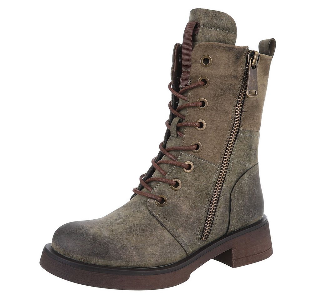 Ital-Design Modischer Damen-Boot mit Reißverschluss und Schnürung Schnürstiefelette (90515079) Blockabsatz Schnürstiefeletten in Grün