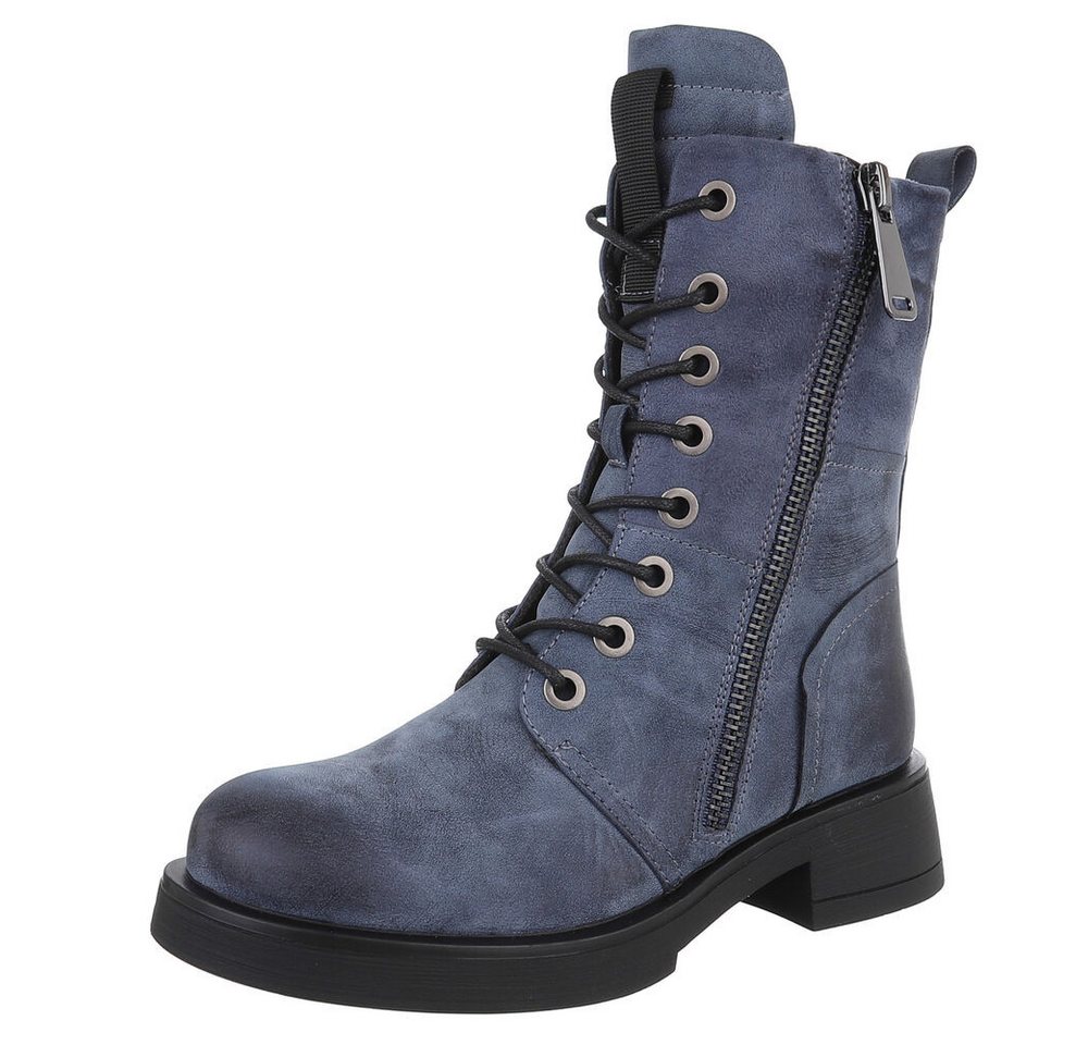 Ital-Design Modischer Damen-Boot mit Reißverschluss und Schnürung Schnürstiefelette (90515084) Blockabsatz Schnürstiefeletten in Blau