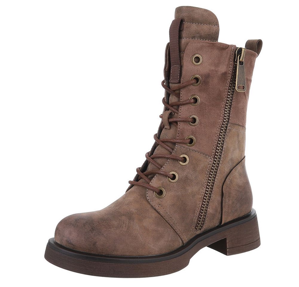 Ital-Design Modischer Damen-Boot mit Reißverschluss und Schnürung Schnürstiefelette (90515090) Blockabsatz Schnürstiefeletten in Braun