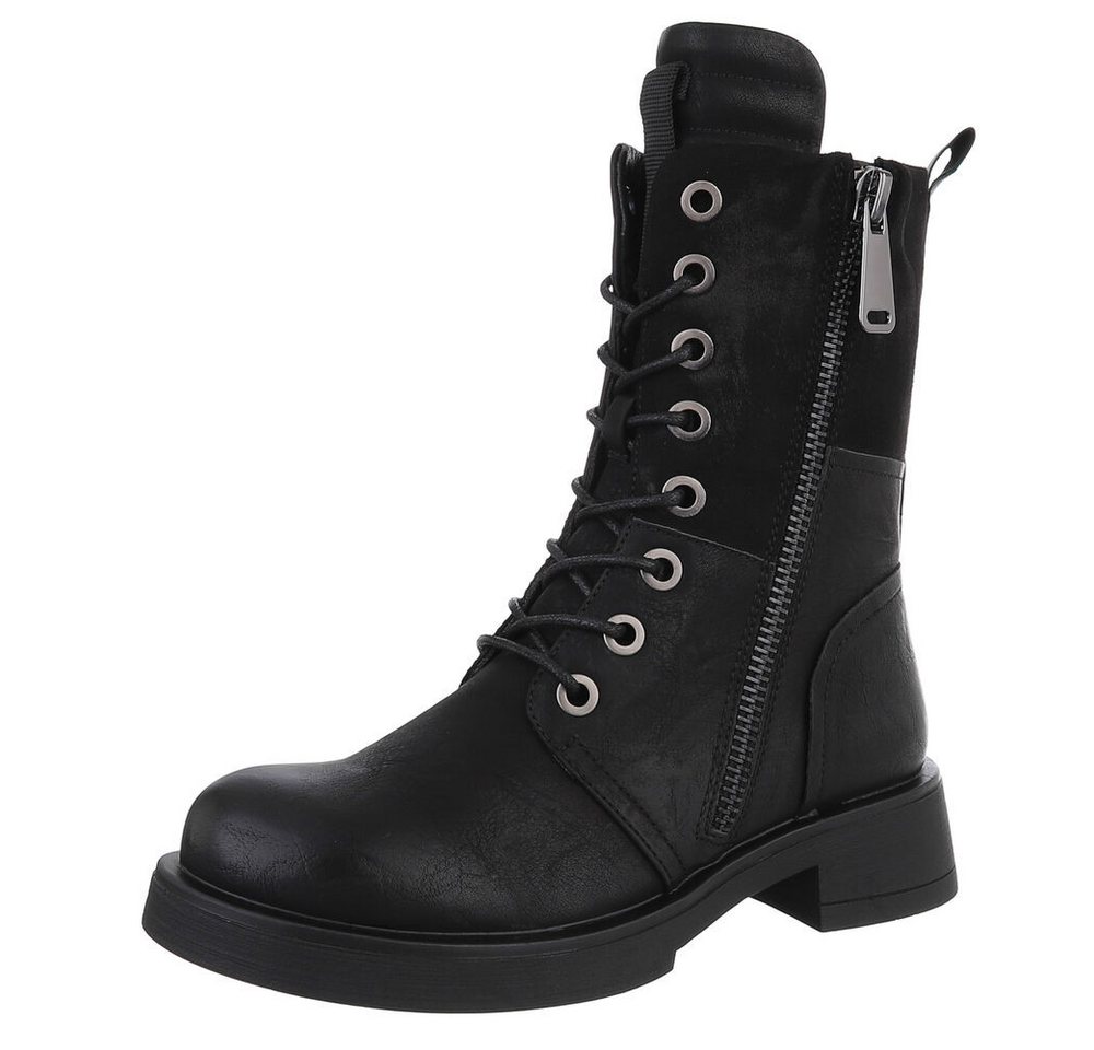 Ital-Design Modischer Damen-Boot mit Reißverschluss und Schnürung Schnürstiefelette (90515097) Blockabsatz Schnürstiefeletten in Schwarz