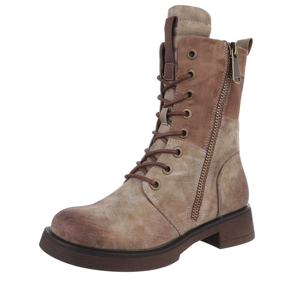 Ital-Design Modischer Damen-Boot mit Reißverschluss und Schnürung Schnürstiefelette (90515101) Blockabsatz Schnürstiefeletten in Beige