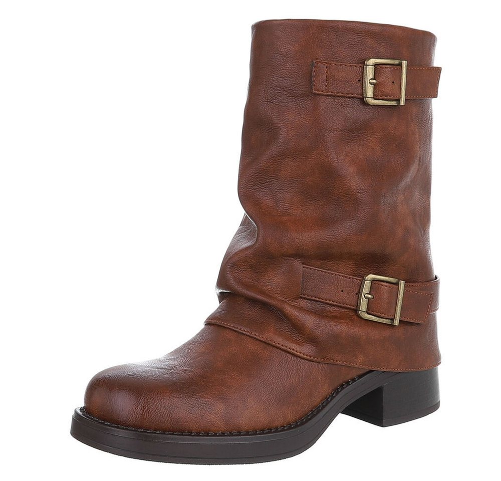Ital-Design Modischer Damen-Stiefel mit Schnallen für Alltag und Freizeit Westernstiefel (90110033) Blockabsatz Stiefel in Camel