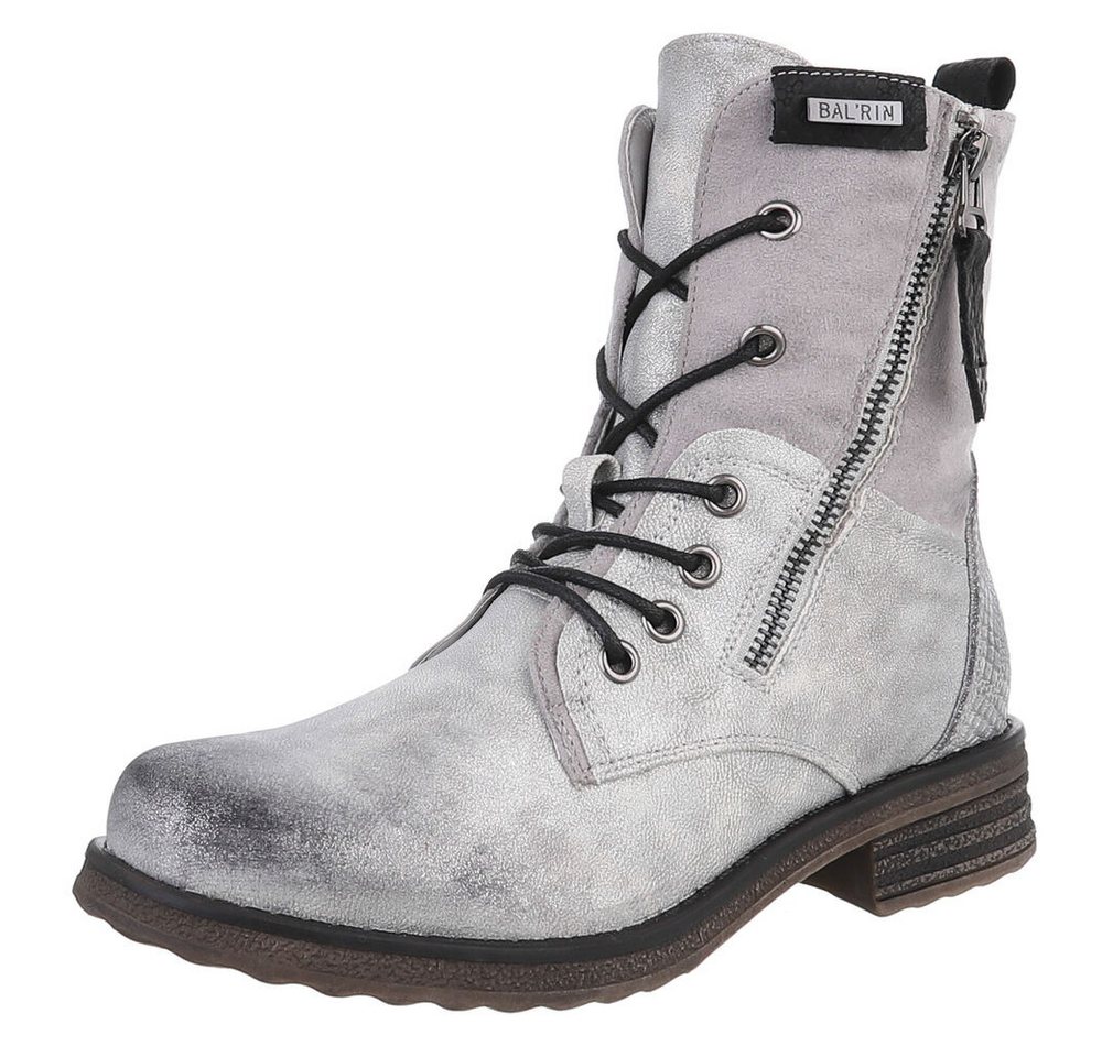 Ital-Design Modischer Damenstiefel mit Schnürung und Reißverschluss Stiefelette (90169733) Blockabsatz Schnürstiefeletten in Silber