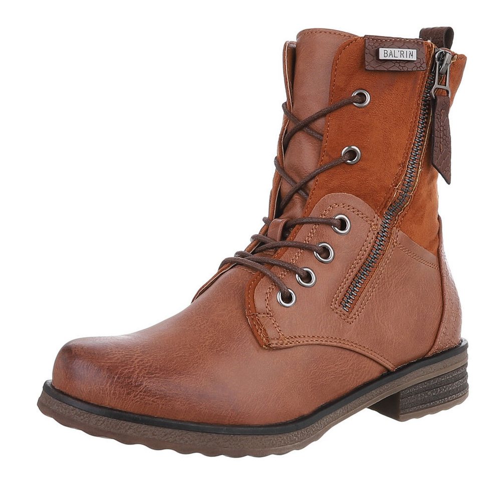 Ital-Design Modischer Damenstiefel mit Schnürung und Reißverschluss Stiefelette (90169752) Blockabsatz Schnürstiefeletten in Camel