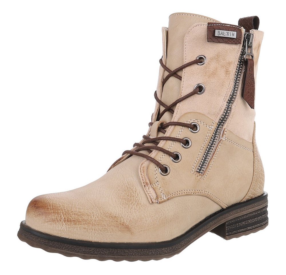 Ital-Design Modischer Damenstiefel mit Schnürung und Reißverschluss Stiefelette (90169765) Blockabsatz Schnürstiefeletten in Beige
