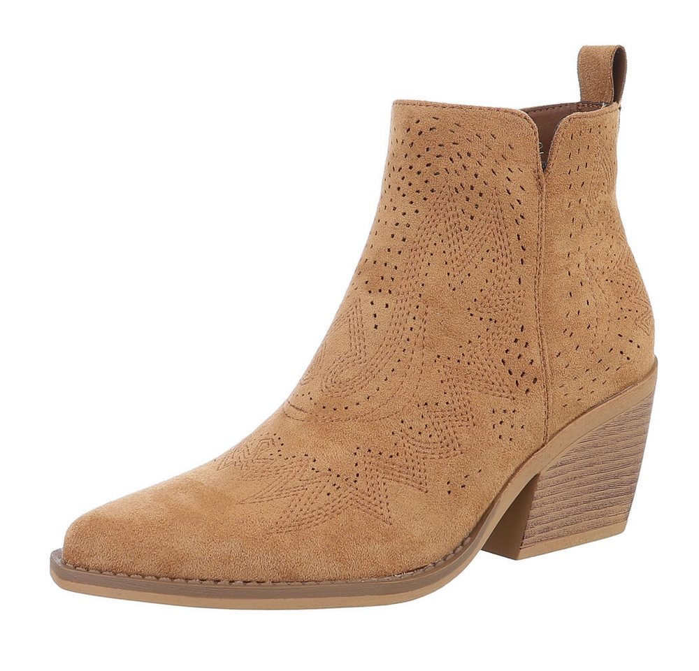 Ital-Design Perforierte Damen Ankle Boots mit bequemem Absatz Westernstiefelette (88577281) Blockabsatz Stiefeletten in Camel