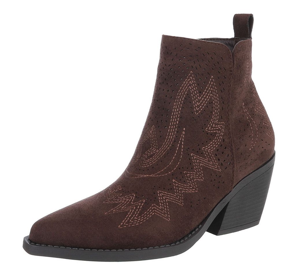 Ital-Design Perforierte Damen Ankle Boots mit bequemem Absatz Westernstiefelette (91154684) Blockabsatz Stiefeletten in Dunkelbraun