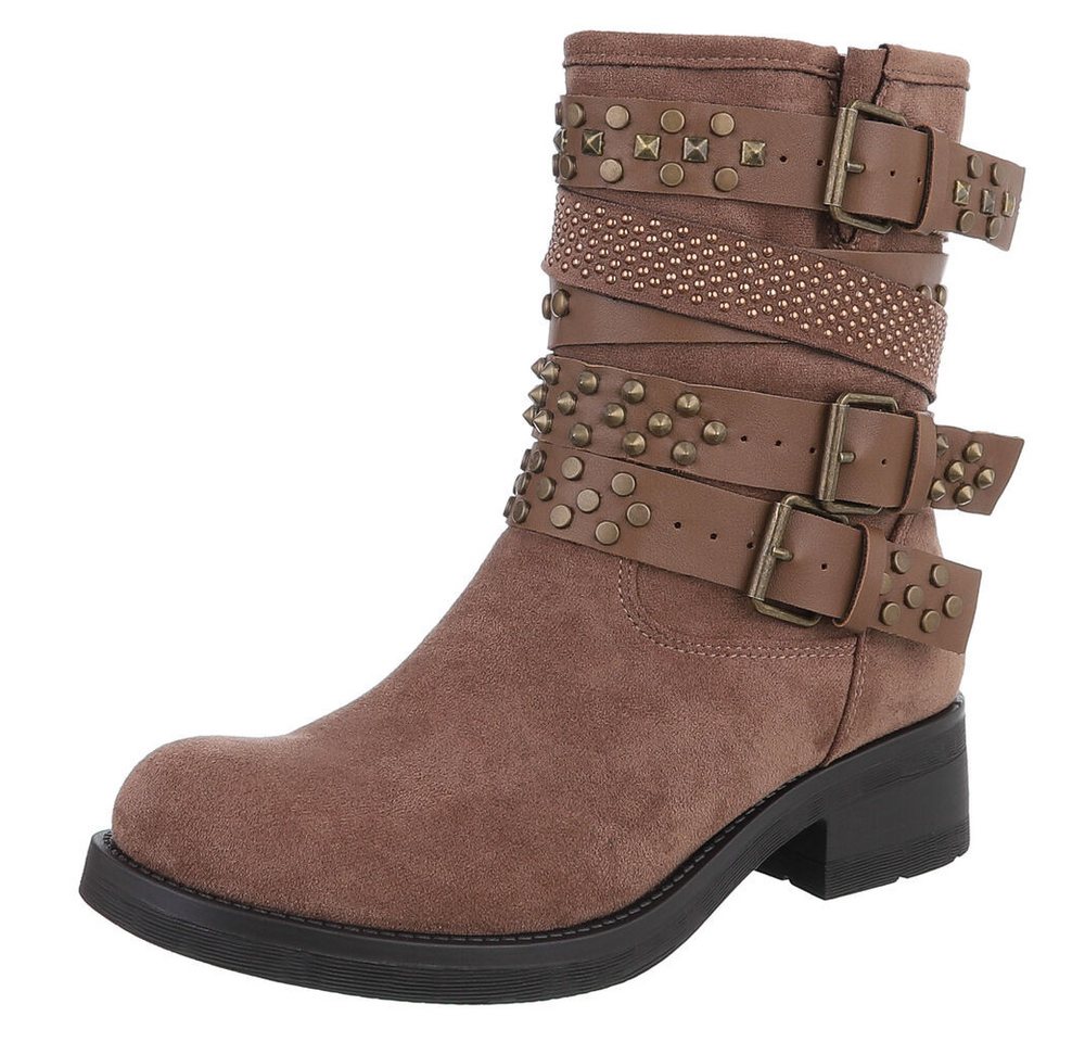 Ital-Design Rebellische Damen Boots mit Nieten und Riemen Stiefelette (90726803) Blockabsatz Western- & Bikerboots in Hellbraun