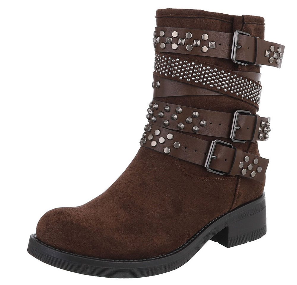 Ital-Design Rebellische Damen Boots mit Nieten und Riemen Stiefelette (90726808) Blockabsatz Western- & Bikerboots in Braun