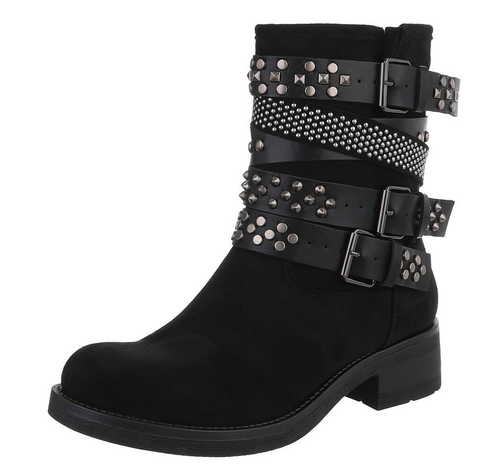 Ital-Design Rebellische Damen Boots mit Nieten und Riemen Stiefelette (90726812) Blockabsatz Western- & Bikerboots in Schwarz