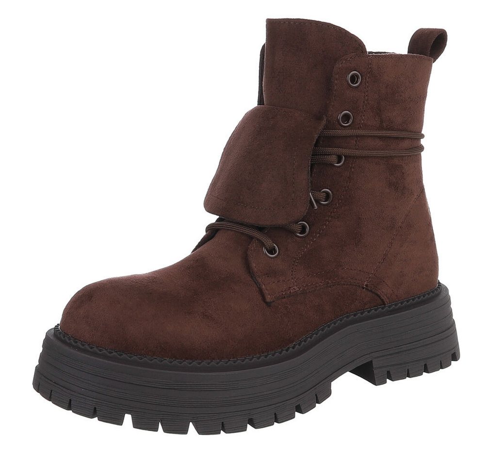 Ital-Design Robuste Damen Freizeitboots mit markanter Sohle Schnürstiefelette (90169534) Blockabsatz Stiefeletten in Braun
